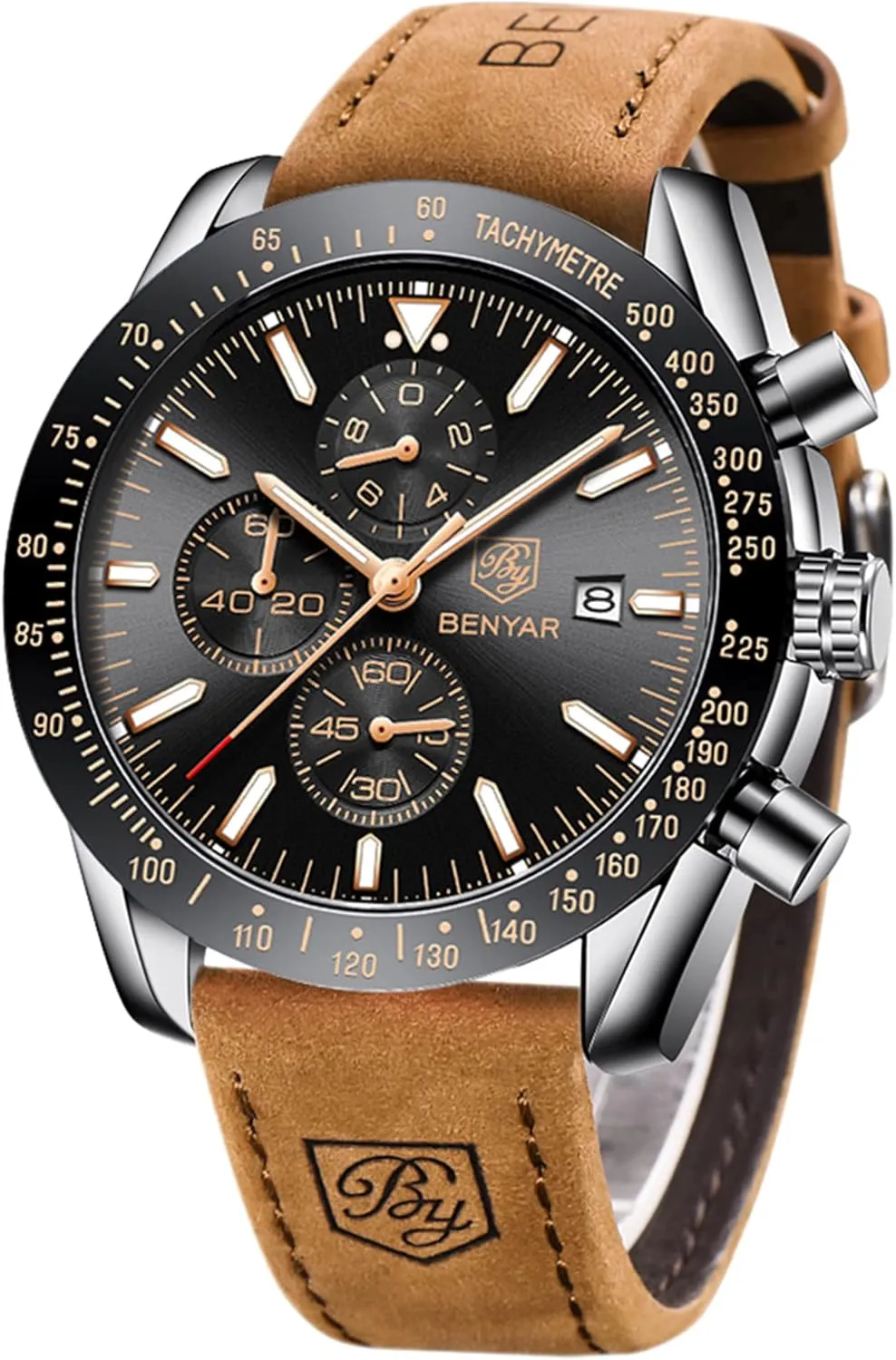 with Calendar Leather/Stainless Steel Strap speck Gifts for Men BY BENYAR Mens Watches Analog Quartz Chronograph Waterproof Men's Wrist Watches Business Casual Fashion Classic Designer Elegant Dress Watch 