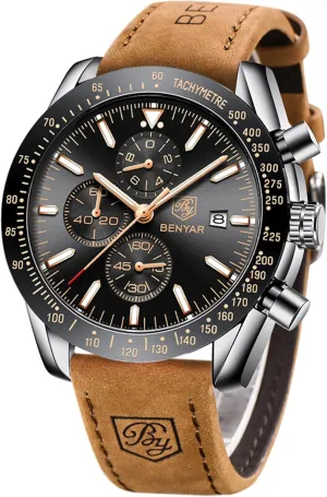 with Calendar Leather/Stainless Steel Strap speck Gifts for Men BY BENYAR Mens Watches Analog Quartz Chronograph Waterproof Men's Wrist Watches Business Casual Fashion Classic Designer Elegant Dress Watch 