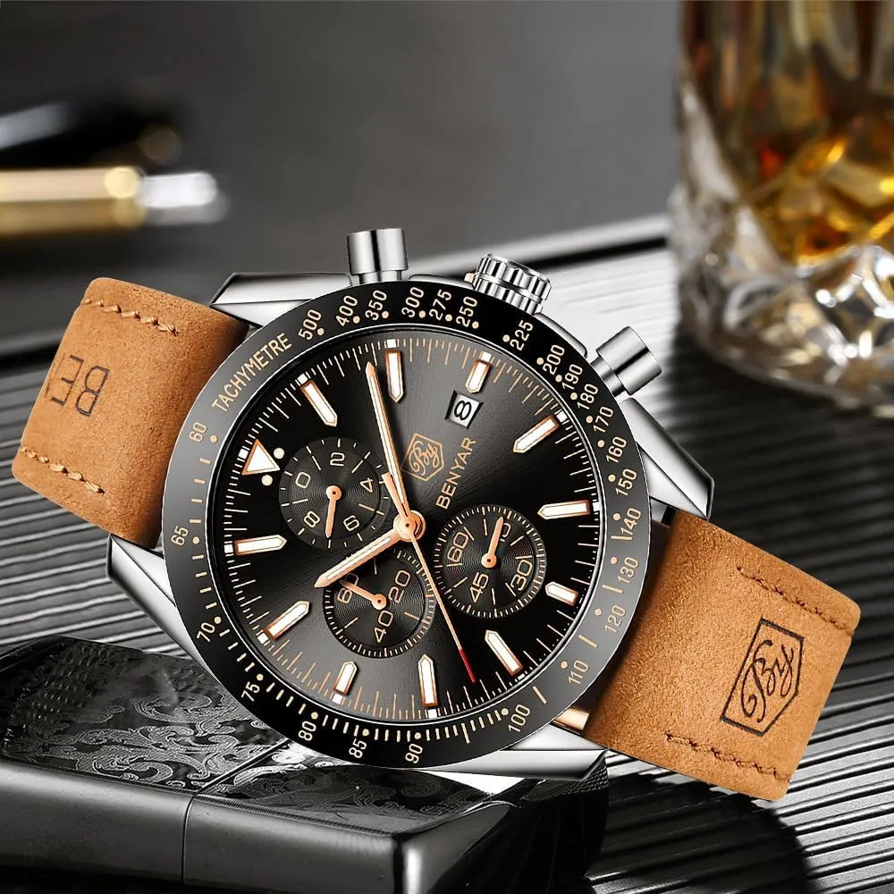 with Calendar Leather/Stainless Steel Strap speck Gifts for Men BY BENYAR Mens Watches Analog Quartz Chronograph Waterproof Men's Wrist Watches Business Casual Fashion Classic Designer Elegant Dress Watch 