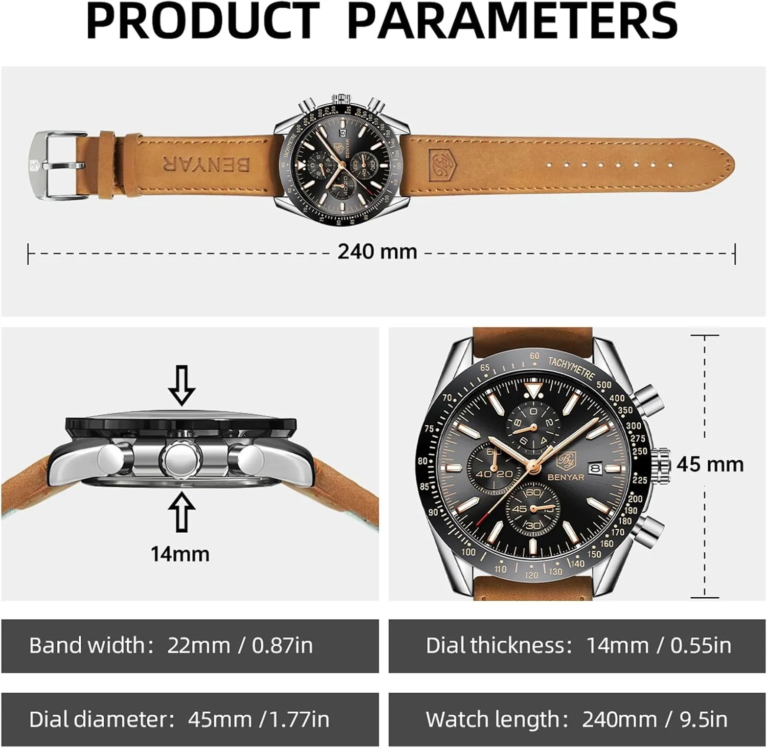 with Calendar Leather/Stainless Steel Strap speck Gifts for Men BY BENYAR Mens Watches Analog Quartz Chronograph Waterproof Men's Wrist Watches Business Casual Fashion Classic Designer Elegant Dress Watch 