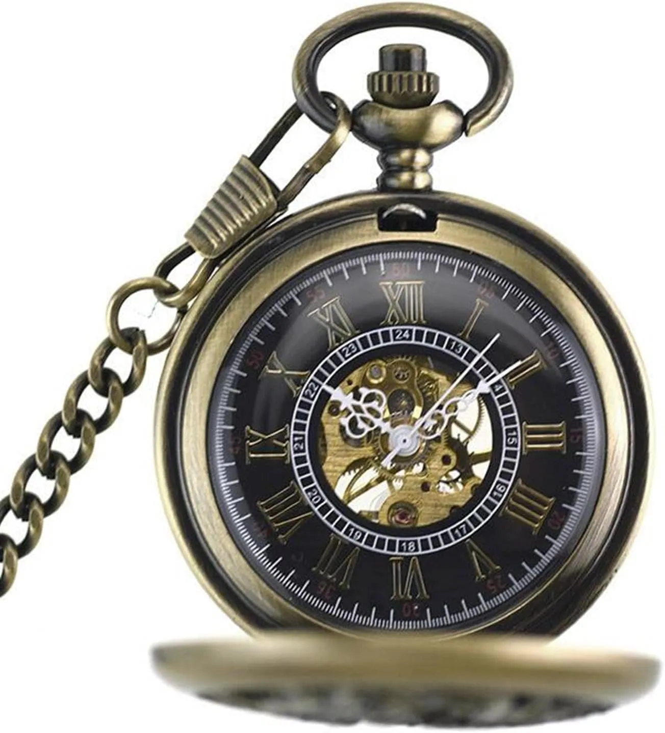 with Chain Box - Perfect Father's Day Antique workplace lawlike steamboat Skeleton Mechanical Pocket Watch for Men - Roman Numerals 