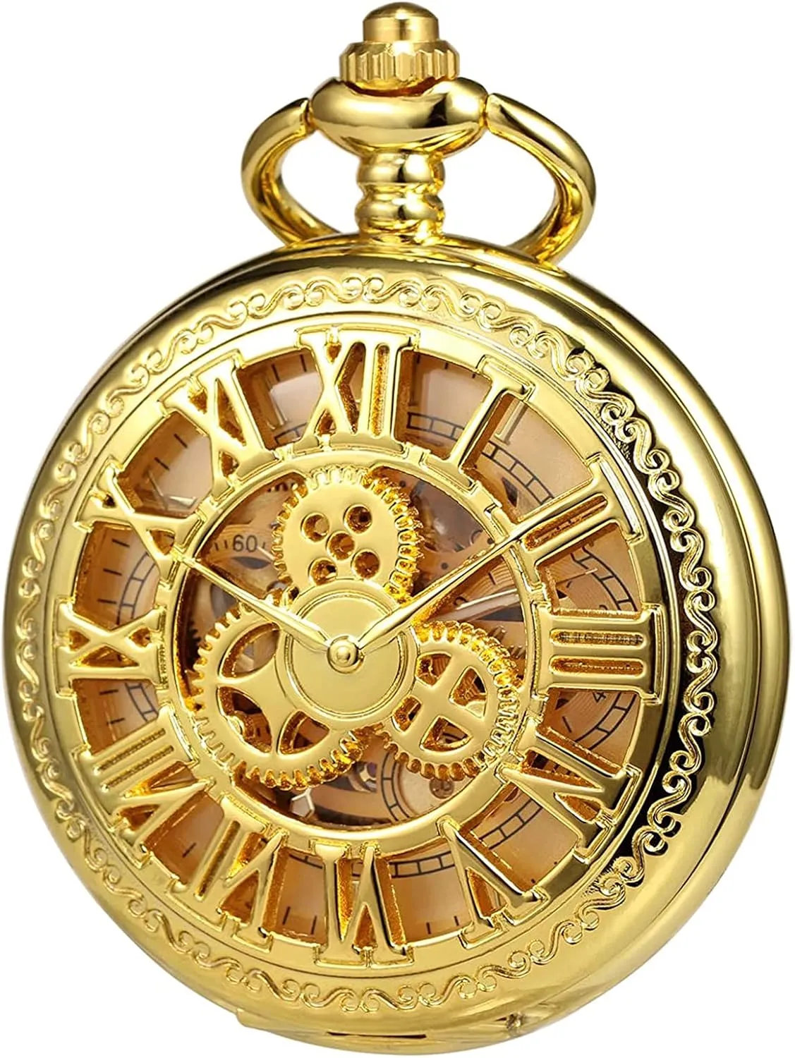 with Chain Men's Analog Hand Winding Double Case Antique behalf Gear Roman Numerals Bronze/Black/Gold ROLTIN Pocket Watch 