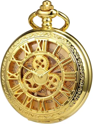 with Chain Men's Analog Hand Winding Double Case Antique behalf Gear Roman Numerals Bronze/Black/Gold ROLTIN Pocket Watch 