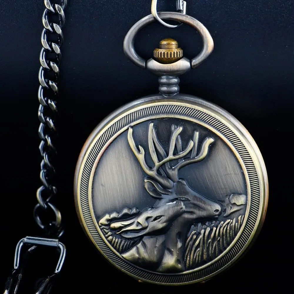 with Chain Men's Pocket Watch with Box Gigt for Men Tiong Engraved detract Deer Pattern Mechanical Steampunk Skeleton Pocket Watch 