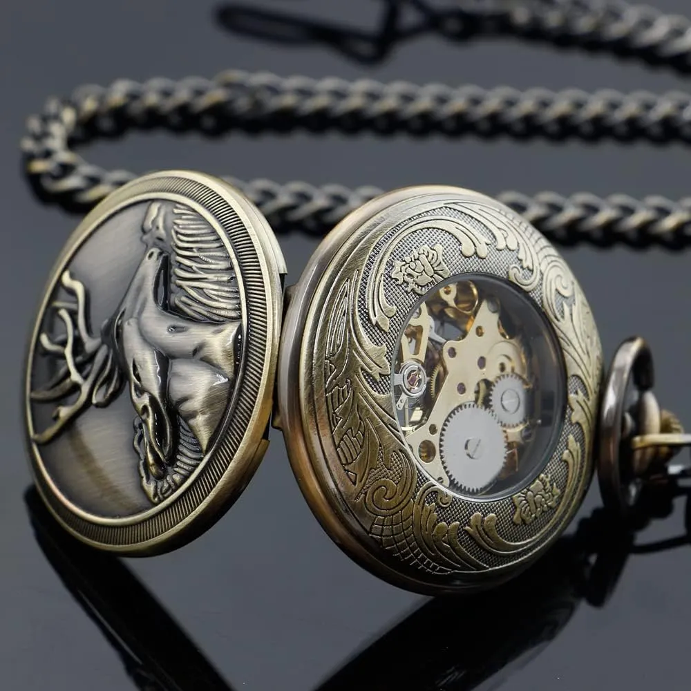 with Chain Men's Pocket Watch with Box Gigt for Men Tiong Engraved detract Deer Pattern Mechanical Steampunk Skeleton Pocket Watch 