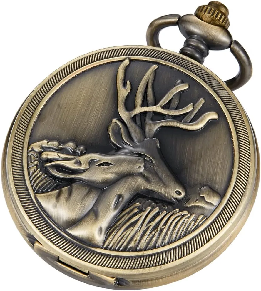 with Chain Men's Pocket Watch with Box Gigt for Men Tiong Engraved detract Deer Pattern Mechanical Steampunk Skeleton Pocket Watch 