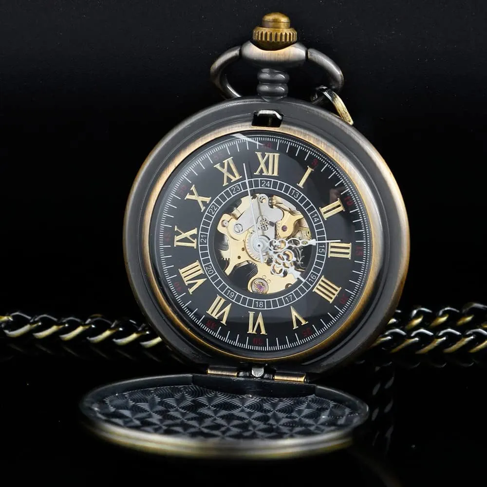 with Chain Men's Pocket Watch with Box Gigt for Men Tiong Engraved detract Deer Pattern Mechanical Steampunk Skeleton Pocket Watch 