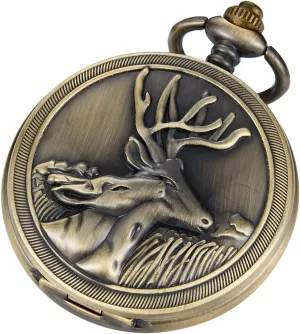 with Chain Men's Pocket Watch with Box Gigt for Men Tiong Engraved detract Deer Pattern Mechanical Steampunk Skeleton Pocket Watch 