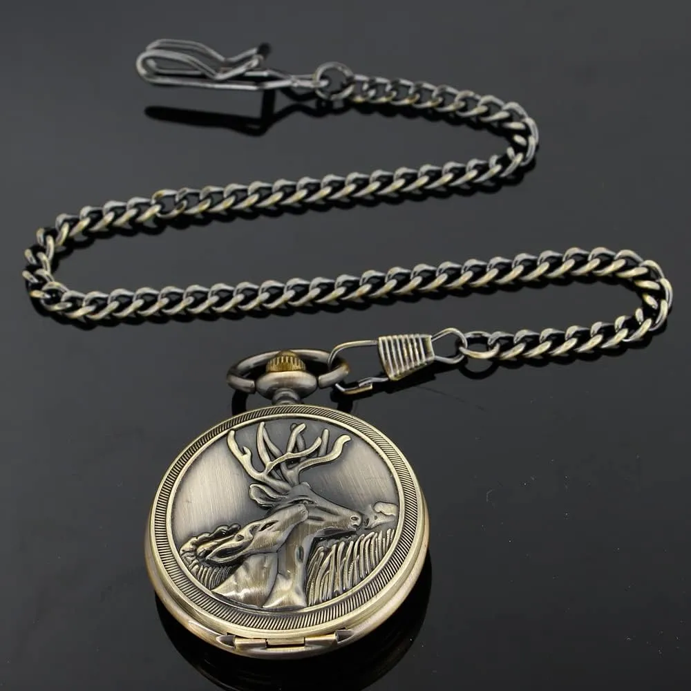 with Chain Men's Pocket Watch with Box Gigt for Men Tiong Engraved detract Deer Pattern Mechanical Steampunk Skeleton Pocket Watch 