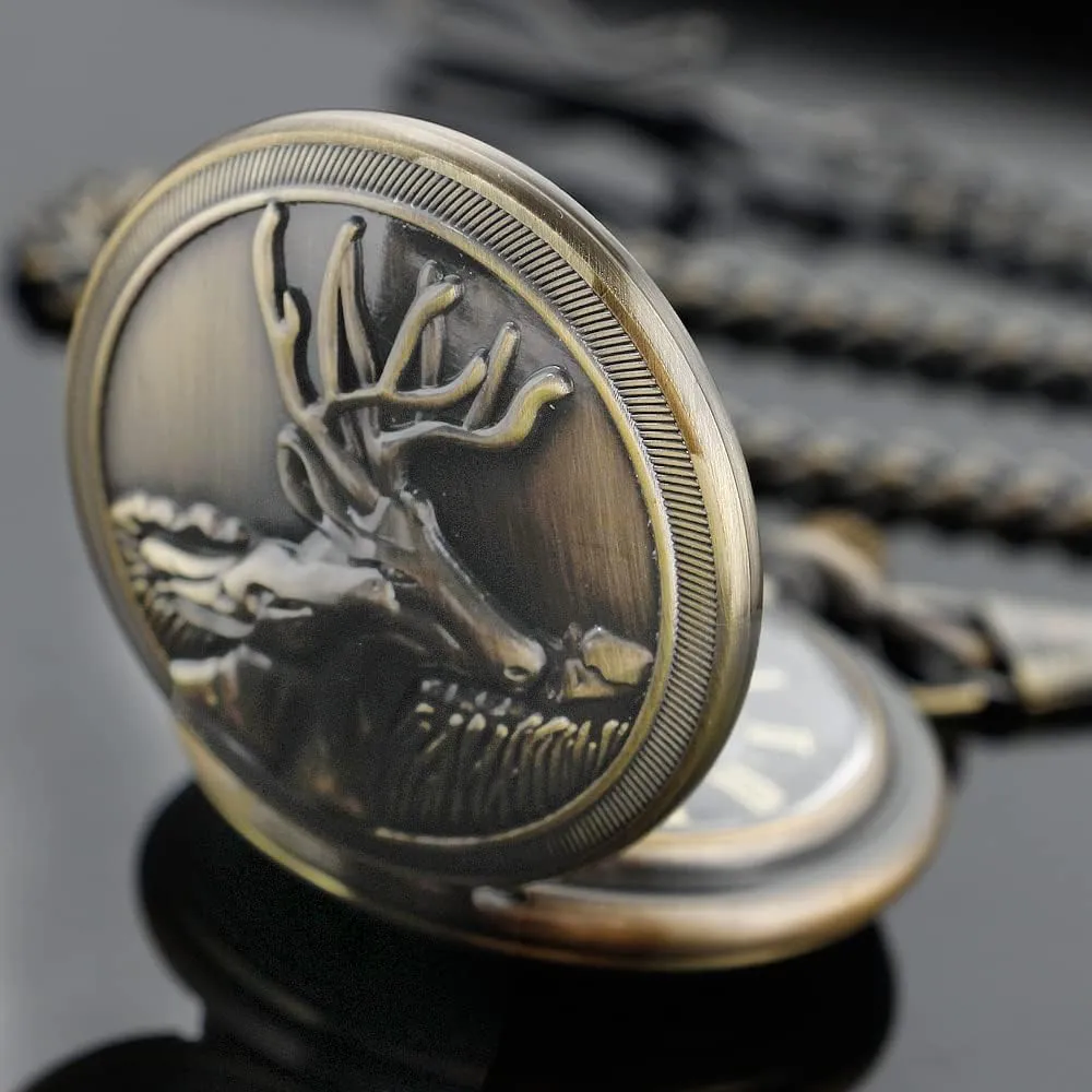 with Chain Men's Pocket Watch with Box Gigt for Men Tiong Engraved detract Deer Pattern Mechanical Steampunk Skeleton Pocket Watch 