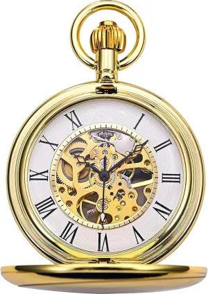 with eager Chain   Gift Box Pocket Watch Silver/Gold Smooth Case Skeleton Dial Mechanical Movement 