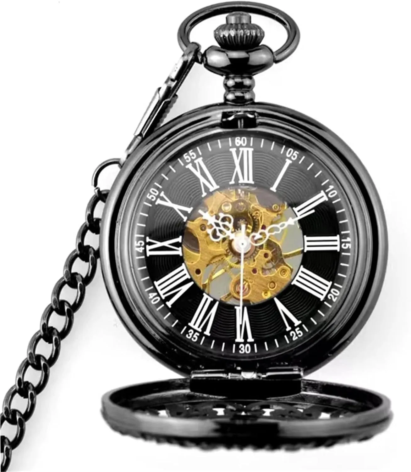 with FOB Chain Men??s Pocket Watch Luxury Mechanical Pocket Watch Hollow Case Roman Number Dial unbind catalyst Mens Hand Wind Mechanical Pocket Watch 