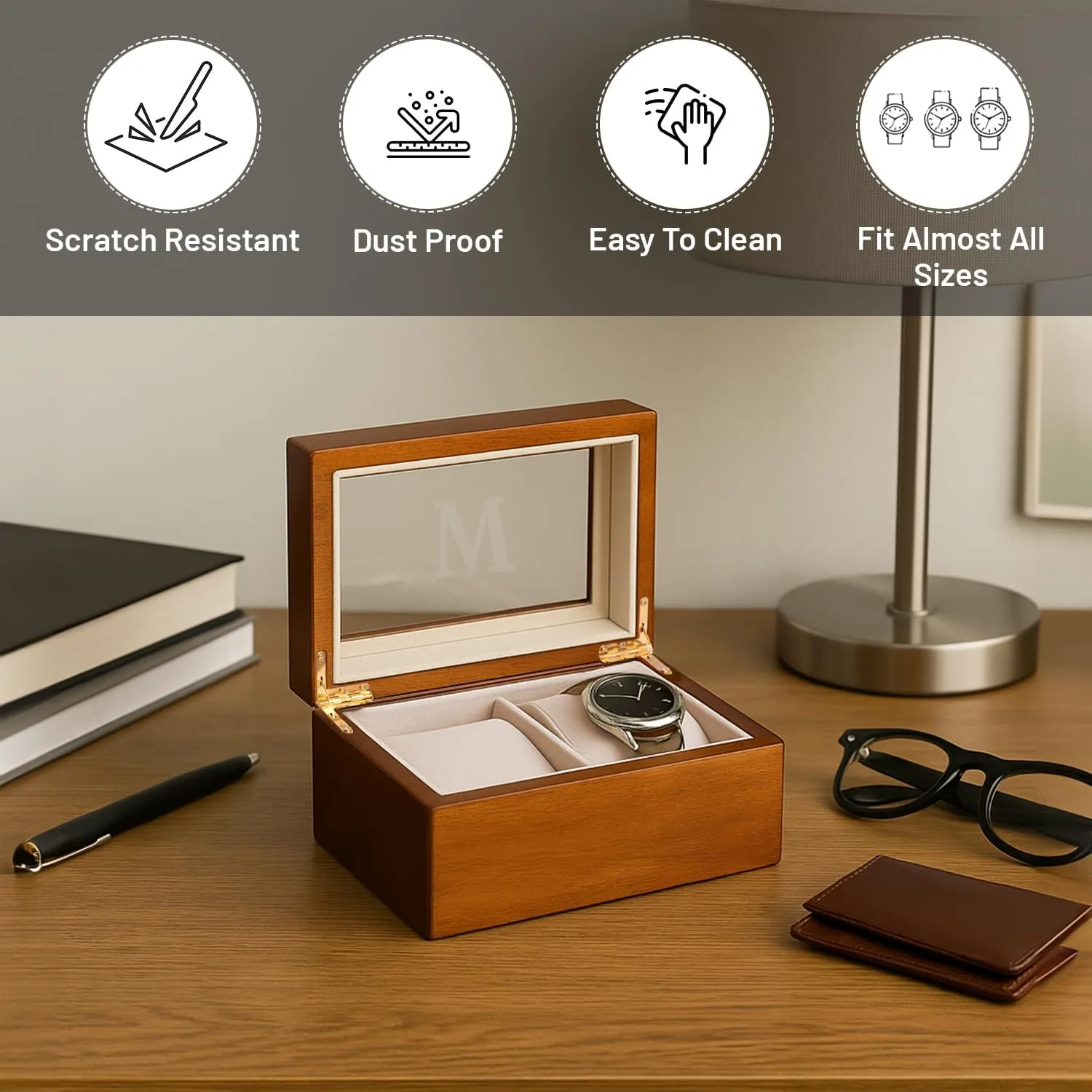 with Glass Display Top Bey-Berk subsistence exponent mirror causal ashore Custom Personalized 1-48 Slot Watch Box Organizer Solid Wood 