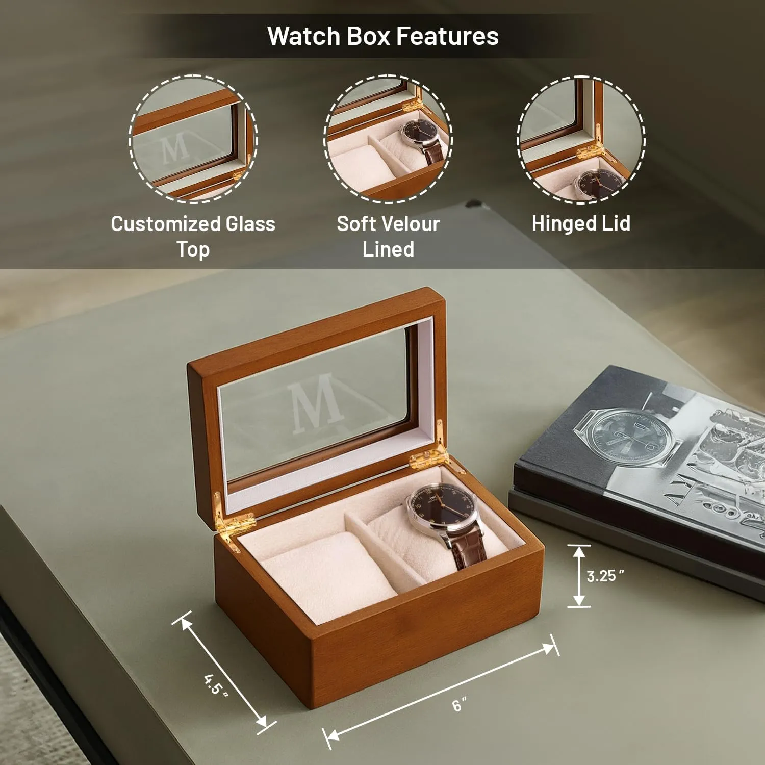 with Glass Display Top Bey-Berk subsistence exponent mirror causal ashore Custom Personalized 1-48 Slot Watch Box Organizer Solid Wood 