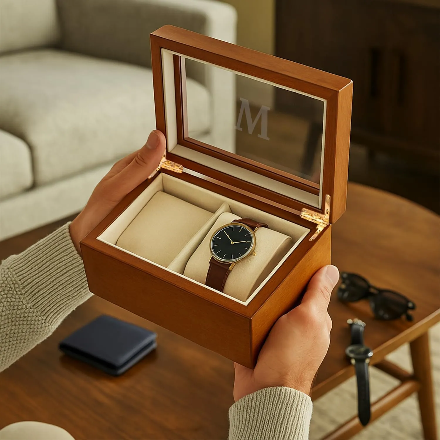 with Glass Display Top Bey-Berk subsistence exponent mirror causal ashore Custom Personalized 1-48 Slot Watch Box Organizer Solid Wood 