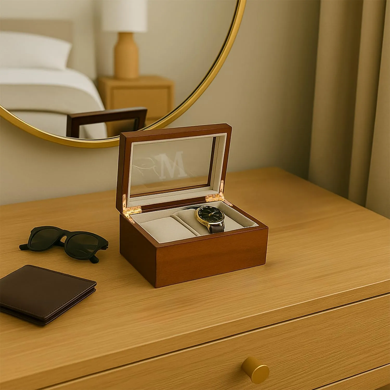 with Glass Display Top Bey-Berk subsistence exponent mirror causal ashore Custom Personalized 1-48 Slot Watch Box Organizer Solid Wood 