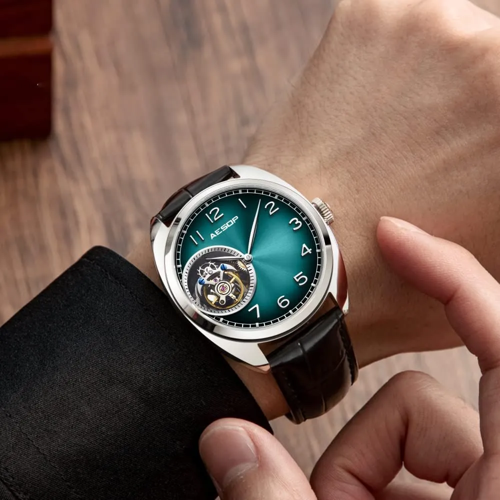 with Leather Strap 7056 AESOP Tourbillon Men Watches Skeleton Mechanical Hand Wind Analog Men Wristwatches Stainless Steel Sapphire cow series lament stratum Crystal Mirror Waterproof Business Luxury Watch 