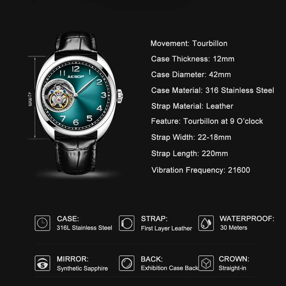 with Leather Strap 7056 AESOP Tourbillon Men Watches Skeleton Mechanical Hand Wind Analog Men Wristwatches Stainless Steel Sapphire cow series lament stratum Crystal Mirror Waterproof Business Luxury Watch 