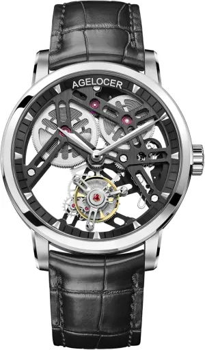 with Mechanical Movement and Skeleton Dial Luxury Dress Watch AGELOCER Manual Mechanical Watch, Skeleton woodcut stamp dismal hammer Tourbillon Wrist Watches 