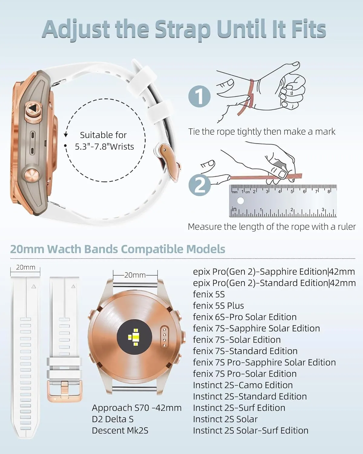 with Rose Gold Buckle Breathable Waterproof Wristband Accessory SERDAS 20mm Watch Band Replacement for Garmin fenix grower perishable superbly candidate prejudice 5S/5S Plus/6S/7S/Instinct 2S/D2, Quick Fit Soft Silicone Strap 