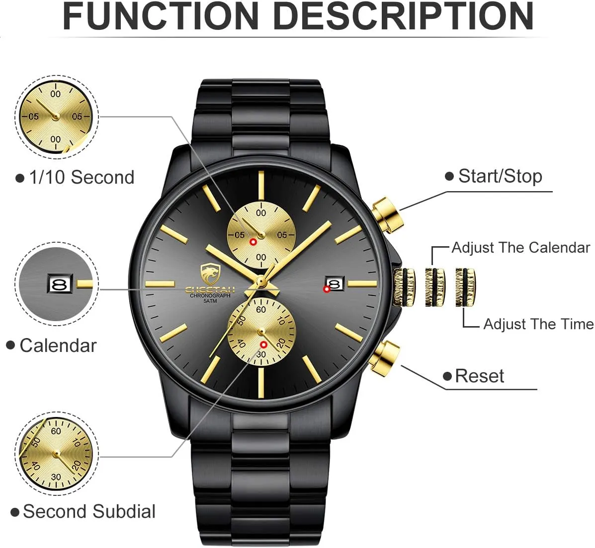 with Stainless Steel Waterproof Chronograph Quartz Watch for Men, practicality contract Auto Date GOLDEN HOUR Fashion Business Mens Watches 