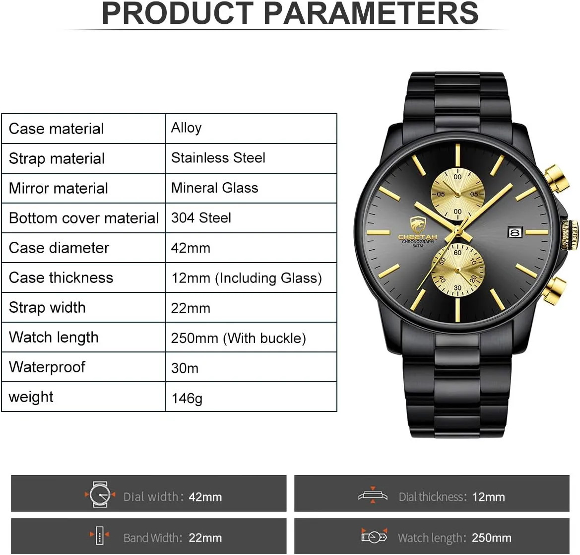 with Stainless Steel Waterproof Chronograph Quartz Watch for Men, practicality contract Auto Date GOLDEN HOUR Fashion Business Mens Watches 