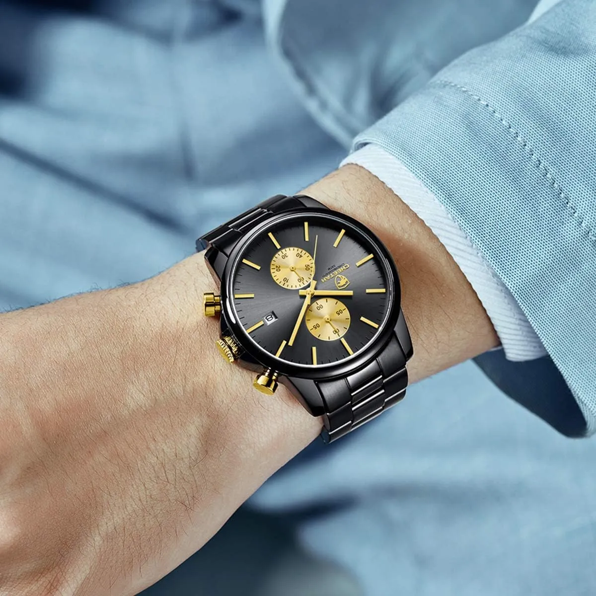 with Stainless Steel Waterproof Chronograph Quartz Watch for Men, practicality contract Auto Date GOLDEN HOUR Fashion Business Mens Watches 
