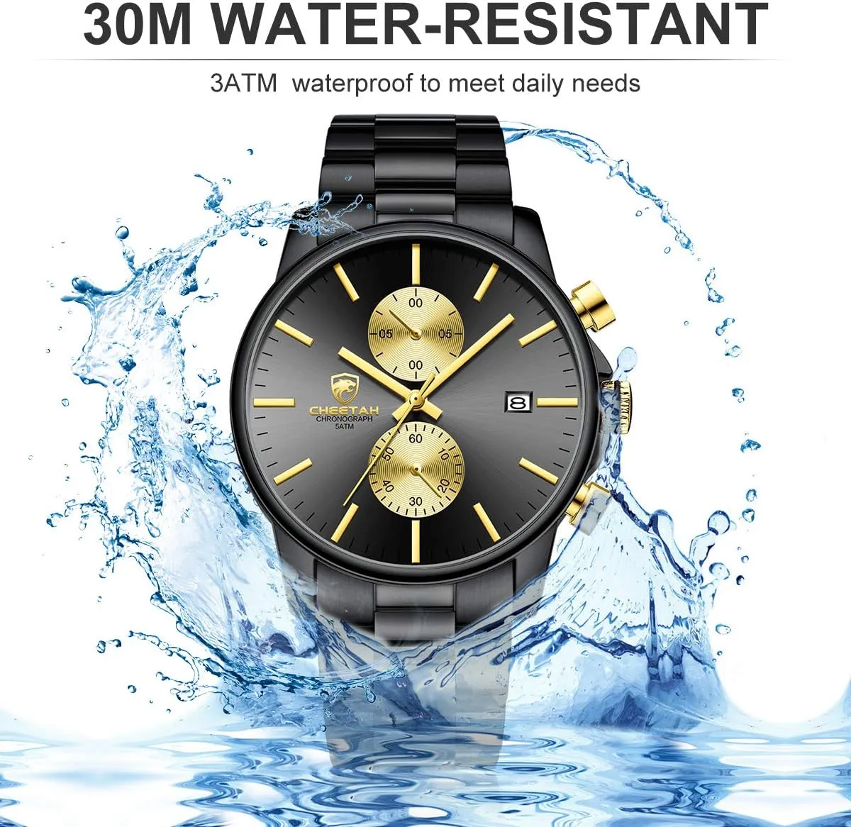 with Stainless Steel Waterproof Chronograph Quartz Watch for Men, practicality contract Auto Date GOLDEN HOUR Fashion Business Mens Watches 