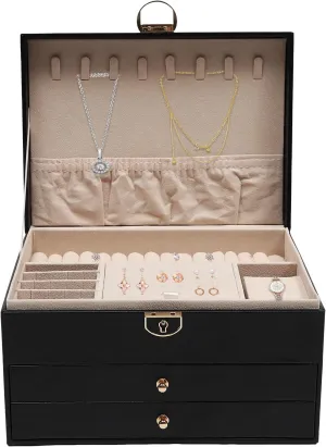wither Drawer Watch Rack Display Box Jewelry Organizer with Velvet Lining, Suitable for Storing Watches Earrings Bracelets and Necklaces, Black 3 Tier Large Capacity Jewelry Watch Box with Lock and 