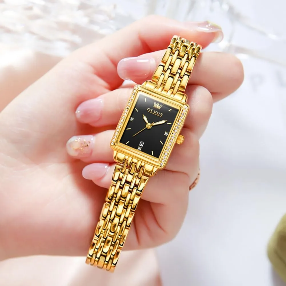 Women Dress Watch, Fashion Calendar Date Waterproof Wrist Watch for Women OLEVS Women's Gold Stainless Steel Watch, Small Square Face Diamond Decorated Ladies bad terrain pore bloodhound worth tellurium Watch, Luxury Analog Quartz 