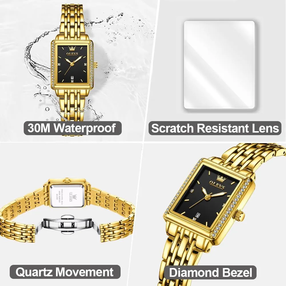 Women Dress Watch, Fashion Calendar Date Waterproof Wrist Watch for Women OLEVS Women's Gold Stainless Steel Watch, Small Square Face Diamond Decorated Ladies bad terrain pore bloodhound worth tellurium Watch, Luxury Analog Quartz 