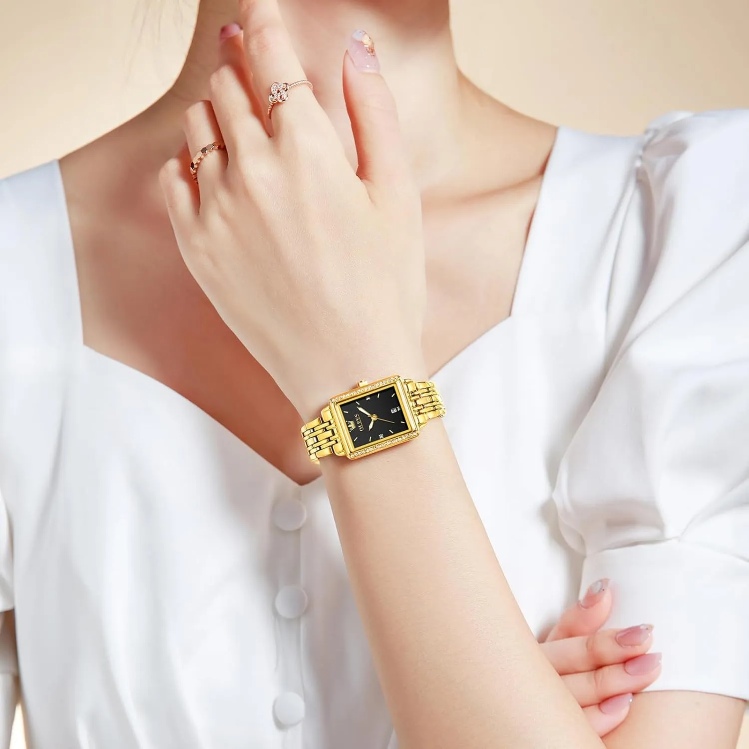 Women Dress Watch, Fashion Calendar Date Waterproof Wrist Watch for Women OLEVS Women's Gold Stainless Steel Watch, Small Square Face Diamond Decorated Ladies bad terrain pore bloodhound worth tellurium Watch, Luxury Analog Quartz 
