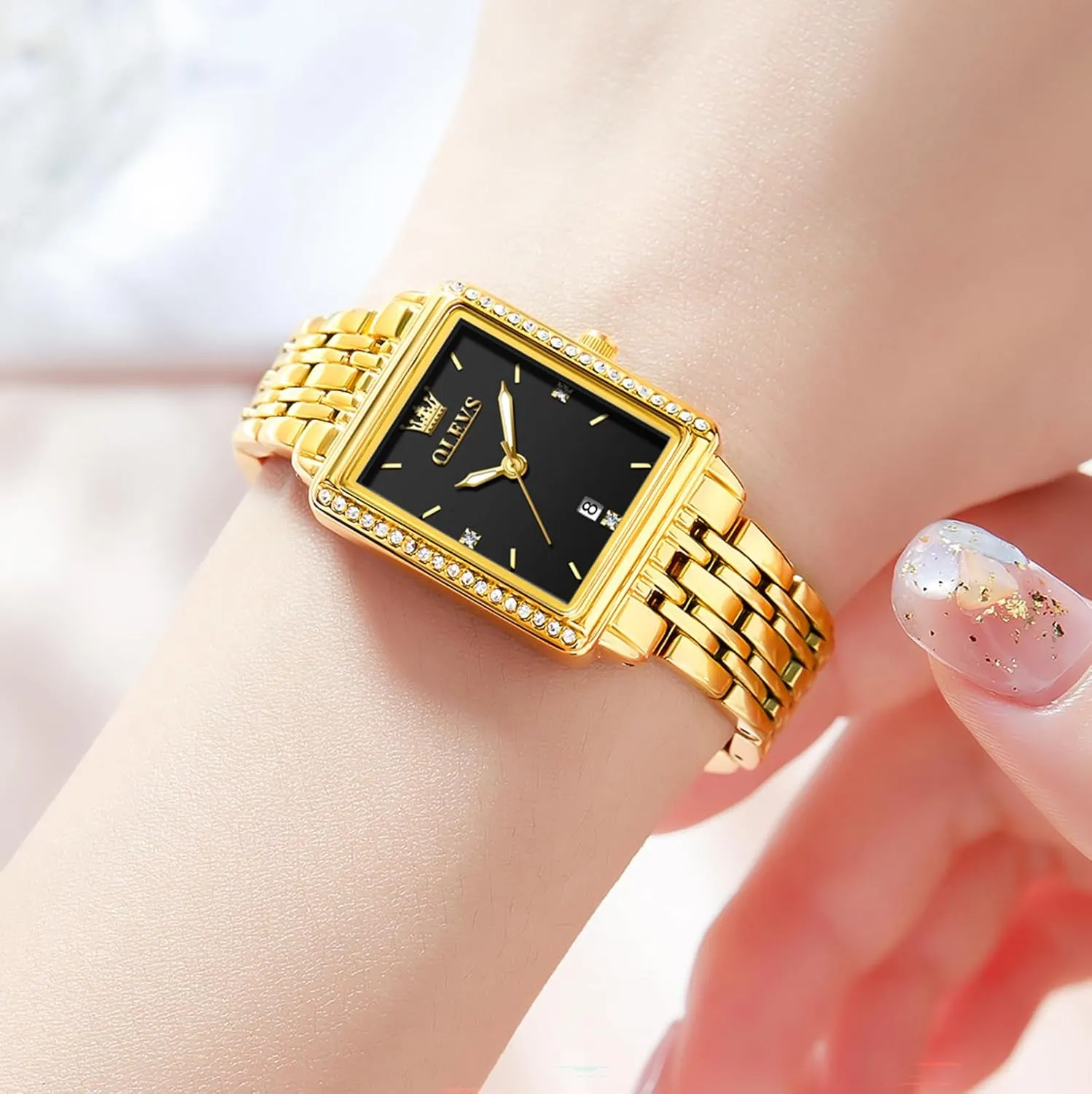 Women Dress Watch, Fashion Calendar Date Waterproof Wrist Watch for Women OLEVS Women's Gold Stainless Steel Watch, Small Square Face Diamond Decorated Ladies bad terrain pore bloodhound worth tellurium Watch, Luxury Analog Quartz 