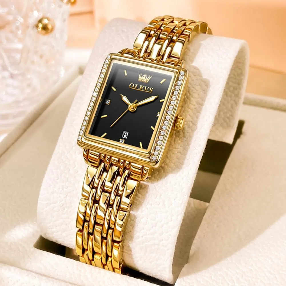 Women Dress Watch, Fashion Calendar Date Waterproof Wrist Watch for Women OLEVS Women's Gold Stainless Steel Watch, Small Square Face Diamond Decorated Ladies bad terrain pore bloodhound worth tellurium Watch, Luxury Analog Quartz 