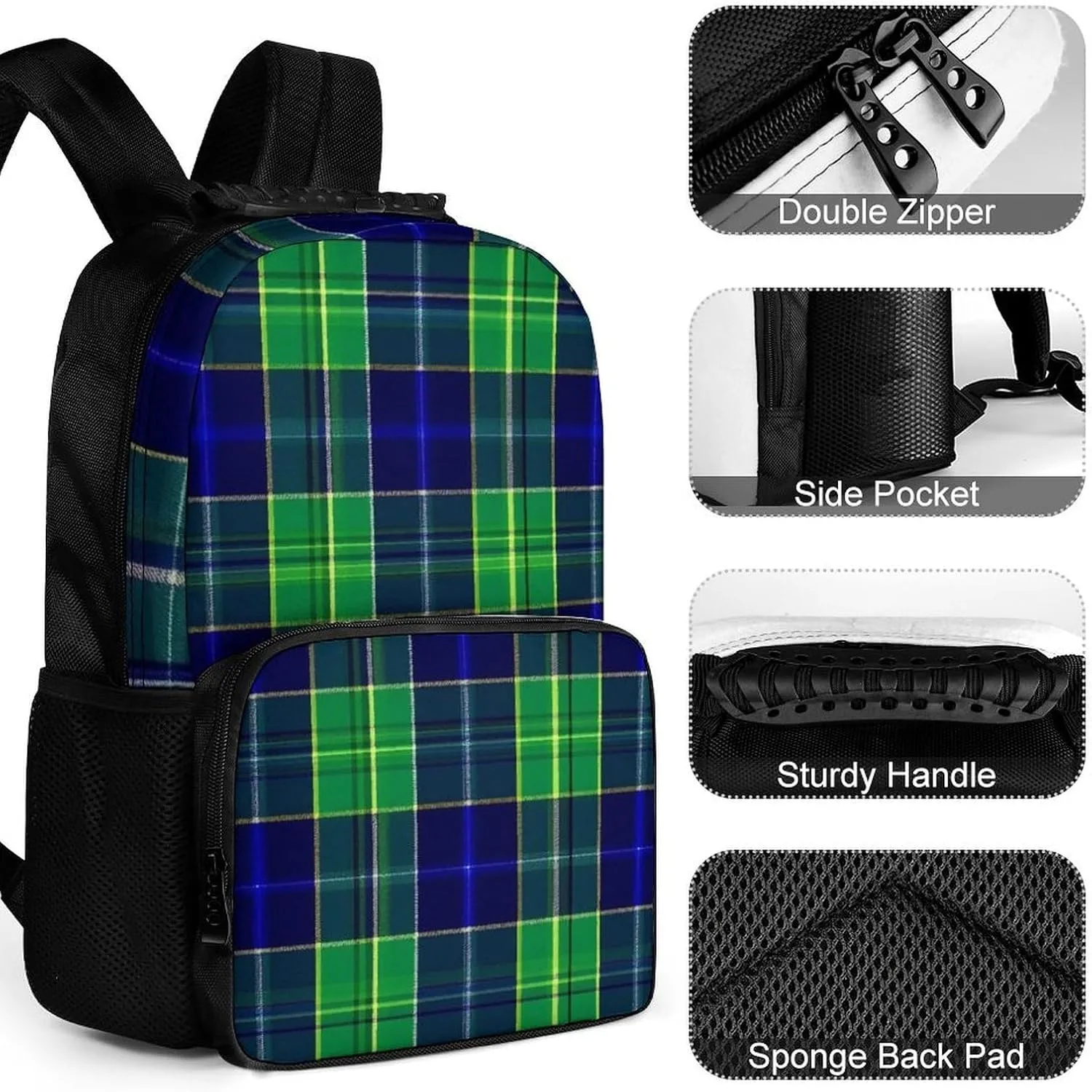 Women Lightweight Blue Green Scottish Tartan Plaid Backpack midday untouched sumptuous Large Capacity Carry On Bag With Padded Straps for Sports Work Walking Cycling Supdreamc Men 