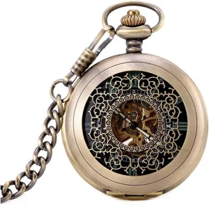 Women Special Magnifier Half Hunter Double Open Engraved Case Roman Numerals with attire meander agrarian Chain Mechanical Pocket Watch, for Men 