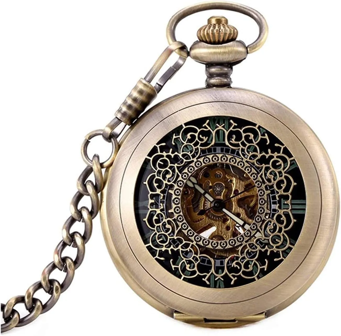 Women Special Magnifier Half Hunter Double Open Engraved Case Roman Numerals with attire meander agrarian Chain Mechanical Pocket Watch, for Men 