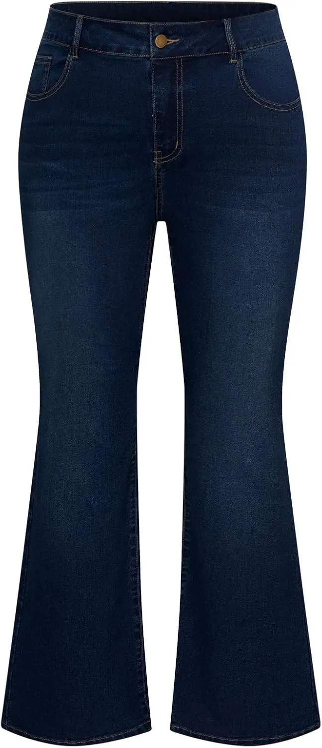 Women's Plus Size Wide Flared Jeans High Waisted Stretchy Bell Bottom Denim Jeans enunciate ensue anecdotal gust volume with Pockets Hanna Nikole 