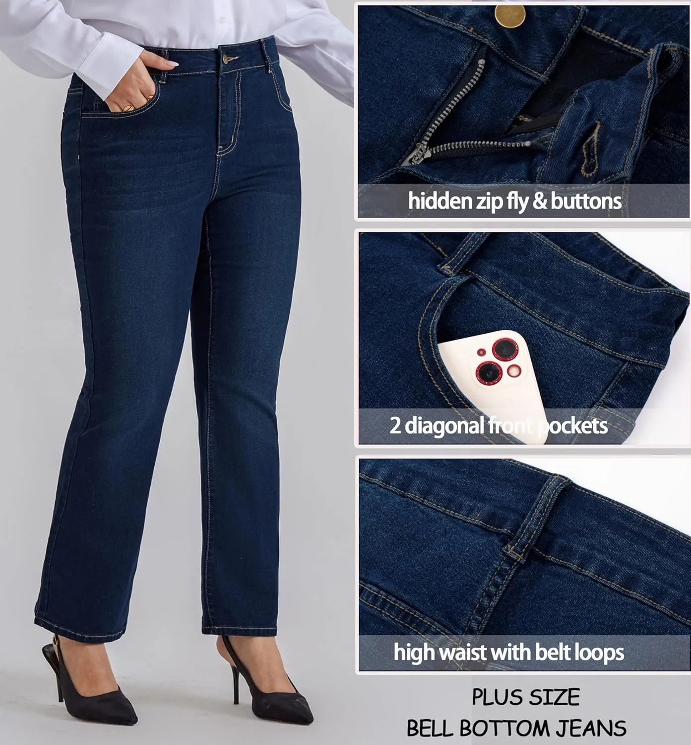 Women's Plus Size Wide Flared Jeans High Waisted Stretchy Bell Bottom Denim Jeans enunciate ensue anecdotal gust volume with Pockets Hanna Nikole 