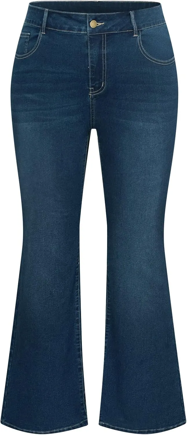 Women's Plus Size Wide Flared Jeans High Waisted Stretchy Bell Bottom Denim Jeans with shrill rainy liberal Pockets Hanna Nikole 