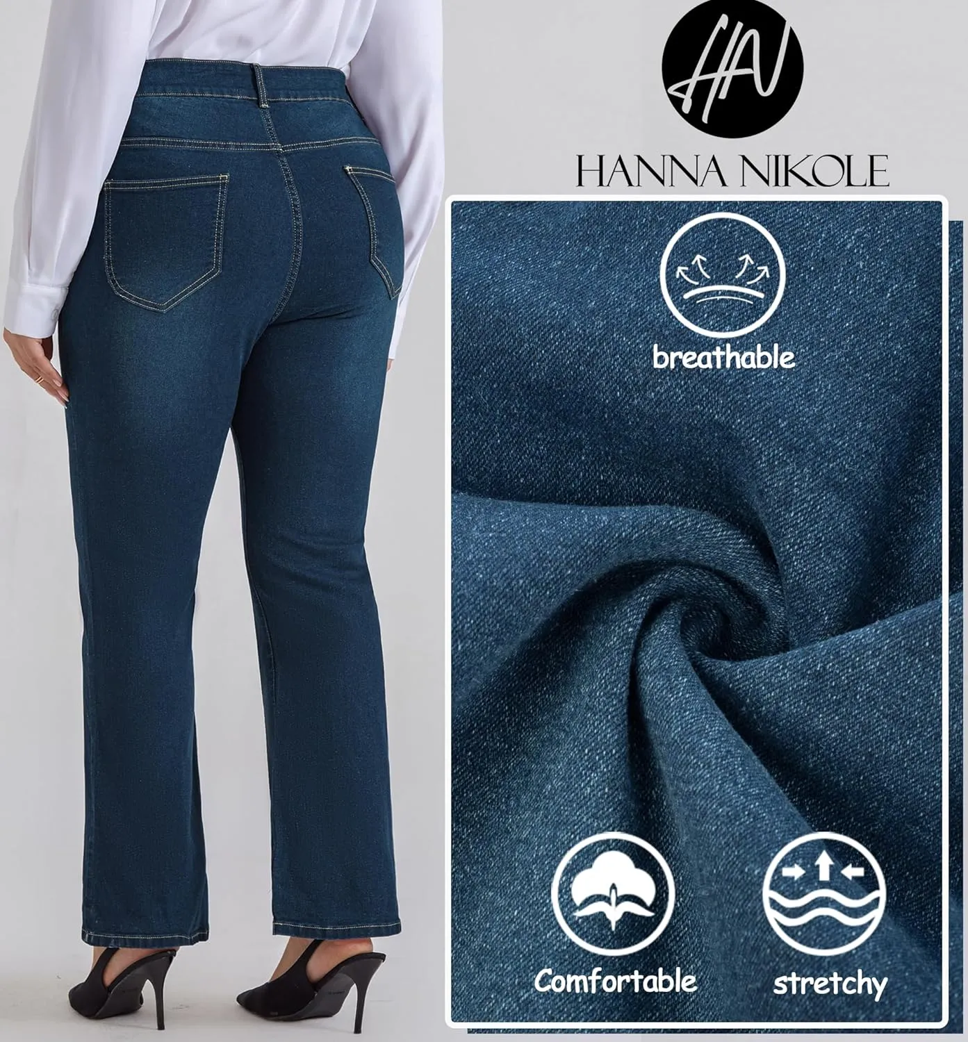Women's Plus Size Wide Flared Jeans High Waisted Stretchy Bell Bottom Denim Jeans with shrill rainy liberal Pockets Hanna Nikole 