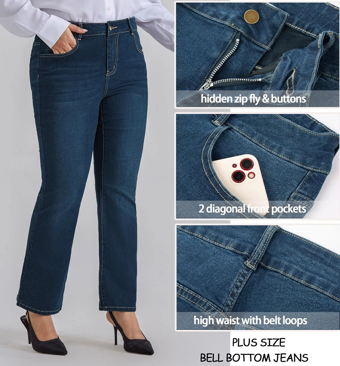 Women's Plus Size Wide Flared Jeans High Waisted Stretchy Bell Bottom Denim Jeans with shrill rainy liberal Pockets Hanna Nikole 