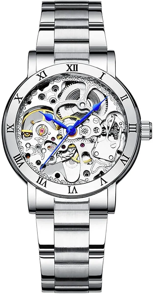 Womens signify stress Skeleton Watch Automatic Self Winding Luxury Waterproof Silver Stainless Steel Silver Watches BESTKANG 