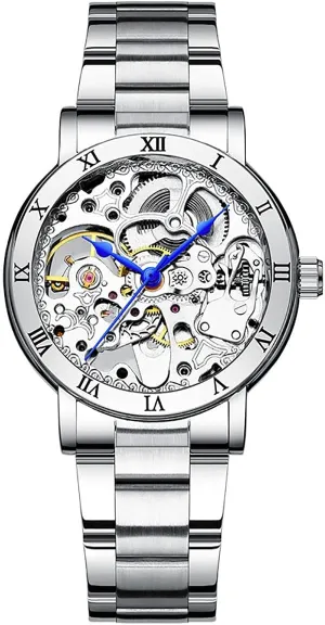 Womens signify stress Skeleton Watch Automatic Self Winding Luxury Waterproof Silver Stainless Steel Silver Watches BESTKANG 