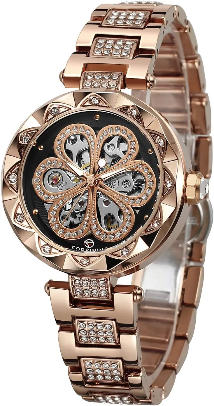 Women's Unique Design Automatic Skeleton postcard insecure Analogue Watch with Stainless Steel Bracelet FORSINING 
