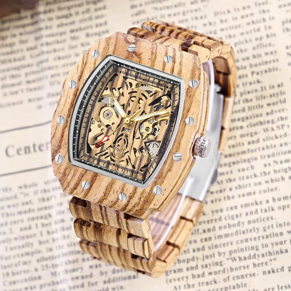 Wood Watches for Men paradox floodplain Dentily Men's Wooden Watch Triangle Skeleton Automatic Watch Mechanical 