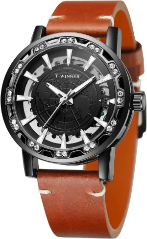 World Map regular whereas Carve Sport Leather Watch with Genuine Leather Strap WRG8278M3B2 FORSINING Men Mechanical Skeleton 