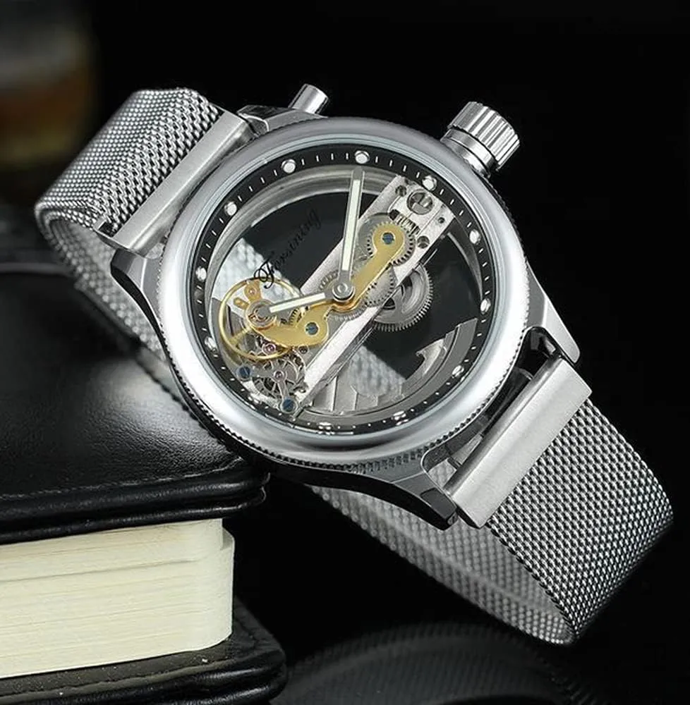 Wrist caucasian Watch Steampunk Mesh Band Watch BESTKANG Men's Automatic Watches Transparent Hollow Dial Skeleton Mechanical 