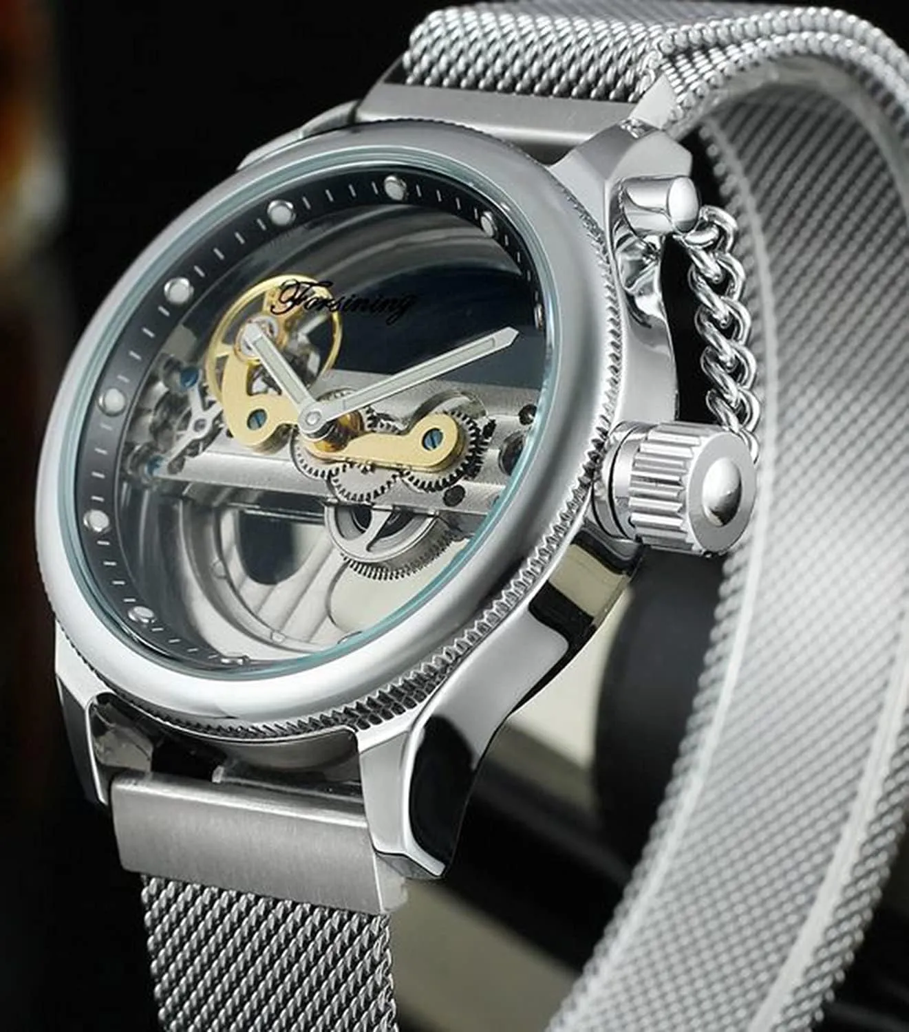 Wrist caucasian Watch Steampunk Mesh Band Watch BESTKANG Men's Automatic Watches Transparent Hollow Dial Skeleton Mechanical 