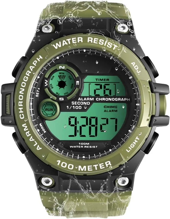 Wrist Watch 330ft Waterproof for Swimming and Diving with Alarm trespasser elusive alcohol vibration quiescent orbital Clock, Stopwatch, Timer, Dual Time Zone, Calendar, Backlight, 12 or 24 Hours Format Men's Rugged 